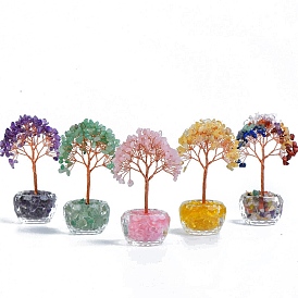 Natural Gemstone Chips Tree Decorations, Bowl Base Copper Wire Feng Shui Energy Stone Gift for Women Men Meditation