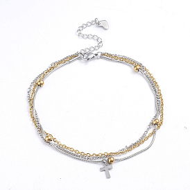 304 Stainless Steel 3-strand Chain Bracelets, Cross Charm Bracelets, with Lobster Claw Clasps