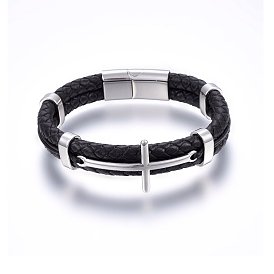 Leather Cord Bracelets, with 304 Stainless Steel Magnetic Clasp, Cross
