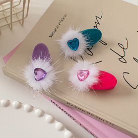 Sparkling Heart Fur Ball Hair Clip with Rhinestones and Colorful Edge for Y2K Party