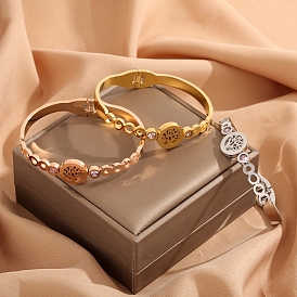 Stainless Steel Hinged Bangles for Women, with Rhinestone, Flat Round with Tree