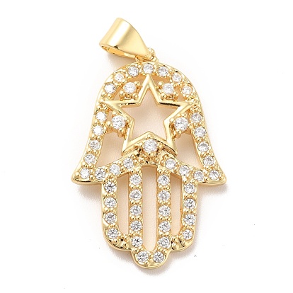 Placage de crémaillère en laiton micro pavé pendentifs en zircone cubique claire, sans cadmium et sans plomb, plaqué longue durée, main hamsa/main de miriam avec étoile