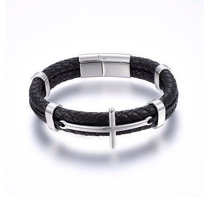 Leather Cord Bracelets, with 304 Stainless Steel Magnetic Clasp, Cross