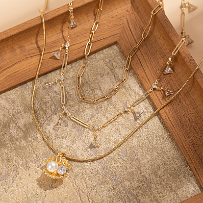 Океанская тема 201 нержавеющая сталь и латунь 3 многослойные ожерелья с подвесками в форме ракушек и треугольной кисточкой из прозрачного кубического циркония для женщин