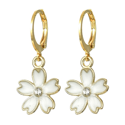 Alloy Enamel Flower Leverback Earrings, Crystal Rhinestone Sakura Dangle Earring for Women