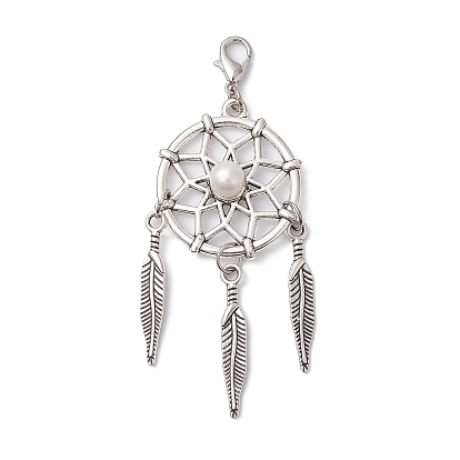 Woven Net/Web with Feather Tibetan Style Alloy Pendant Decoraiton, with Natural Cultured Freshwater Pearl Beads and Alloy Lobster Claw Clasps