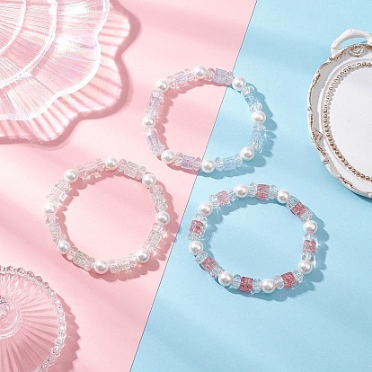 3Pcs 3 Colors Crackle Glass & Shell Pearl Beaded Stretch Bracelets for Women, Cube & Round