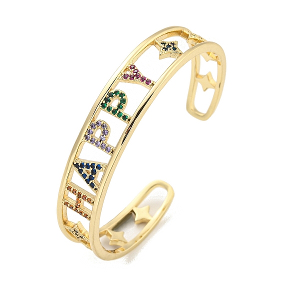 Женские браслеты-манжеты Word Happy из латуни с микро-паве, цветные циркониевые открытые браслеты