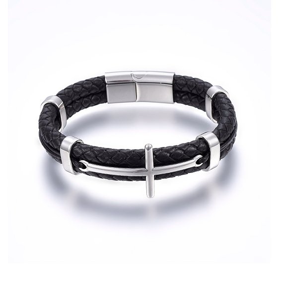  Bracelets de cordon en cuir, avec 304 acier inoxydable fermoir magnétique, croix