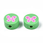Handmade Polymer Clay Beads, Flat Round with Plant/Animal