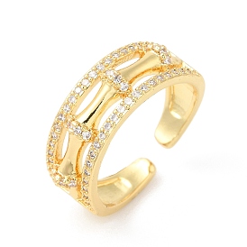 Clear Cubic Zirconia Bamboo Open Cuff Rings, Brass Jewelry for Women
