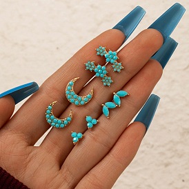 Bohemian Style Earring Set with Blue Moon, Fish Tail and Floral Design (4 Pieces)