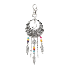 Woven Net/Web with Feather Tibetan Style Alloy Pendant Decorations, with Synthetic Turquoise Lobster Clasp Charms, Clip-on Charms, for Keychain, Purse, Backpack Ornament