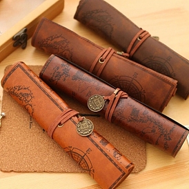 Treasure Map Pattern Imitation Leather Pen Roll Up, Stationery Pencil Wrap