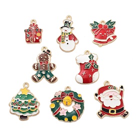 Новогодняя тема сплава эмали подвески, золотой свет, Санта-Клаус/снеговик/колокольчик/носок/елка/венок/подарок/пряничный человечек