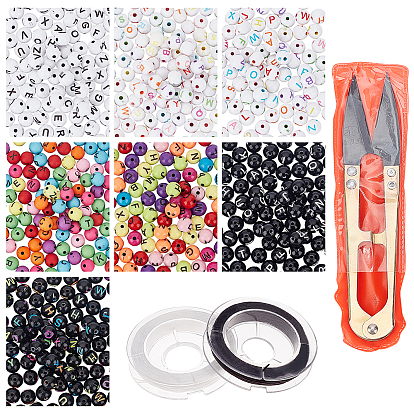 DIY 7 Colors Stretch Bracelet Making Kits for Kid, Including Round with Initial Letter Craft Style Acrylic Beads, Elastic Thread, Sharp Steel Scissors