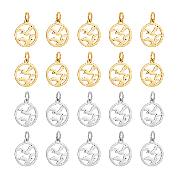 20 шт 2 цвета 304 подвески из нержавеющей стали, с целью перехода в кольце, лазерная резка, плоский круглый шарм