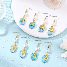 Océano 304 Pendientes colgantes de acero inoxidable con concha de agua dulce de color AB, oval, Colgantes de la aleación, Pendientes colgantes de perlas cultivadas naturales de agua dulce para mujer, dorado