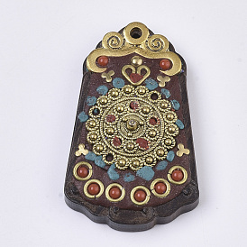 Thème de Bouddha fait main indonésie gros pendentifs, avec les accessoires en alliage, bois de santal et résine, trapèze