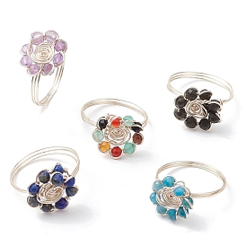 Flower Natural Black Spinel & Amethyst & Agate & Apatite & Lapis Lazuli Finger Rings, Copper Wire Wrapped Ring for Women