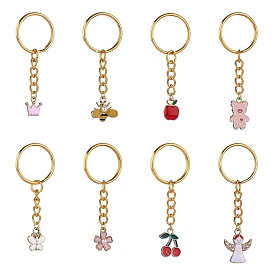 8Pcs Alloy Enamel Pendants Keychain, with Iron & 304 Stainless Steel Findings, Apple & Angle & Bee & Butterfly