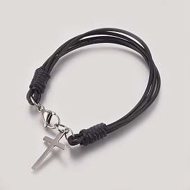 Unisex Charm Bracelets, with Cowhide Leather Cord, 304 Stainless Steel Pendants and Lobster Claw Clasp, Cross