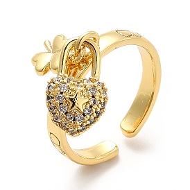 Clear Cubic Zirconia Clover with Star Padlock Charm Open Cuff Ring, Brass Jewelry for Women