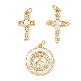 Brass Micro Pave Clear Cubic Zirconia Pendants, with Shell, Real 16K Gold Plated