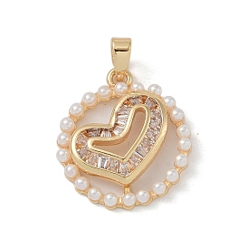 Rack Plating Brass Pendant, with Cubic Zirconia and Imitation Pearl, Lead Free & Cadmium Free, Long-Lasting Plated, Flat Round with Heart