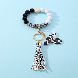 Bracelet de perles en bois à pompon imprimé léopard - pendentif en bois lettre maman pompon porte-clés sac à dos pendentif de voiture.