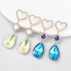 Fashion Heart-shaped Alloy Rhinestone Waterdrop Glass Earrings for Women
