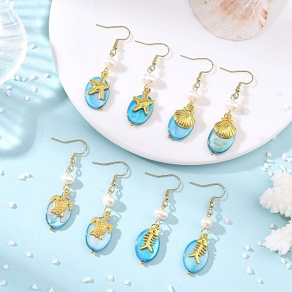 Océano 304 Pendientes colgantes de acero inoxidable con concha de agua dulce de color AB, oval, Colgantes de la aleación, Pendientes colgantes de perlas cultivadas naturales de agua dulce para mujer, dorado