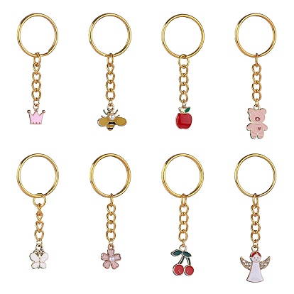 8Pcs Alloy Enamel Pendants Keychain, with Iron & 304 Stainless Steel Findings, Apple & Angle & Bee & Butterfly