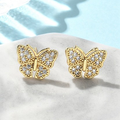 Серьги-гвоздики с бабочками из латуни с микропаве из прозрачных кубических цирконий, без свинца и без кадмия, долговечный