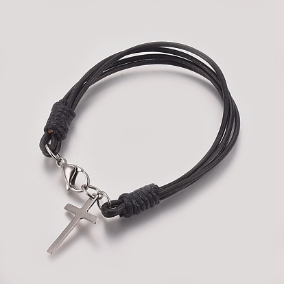 Unisex Charm Bracelets, with Cowhide Leather Cord, 304 Stainless Steel Pendants and Lobster Claw Clasp, Cross