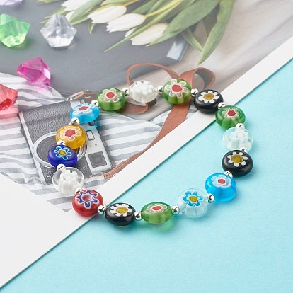 Handmade Millefiori Lampwork Beads Stretch Bracelet for Teen Girl Women Gift, Cute Flat Round Beads Bracelet