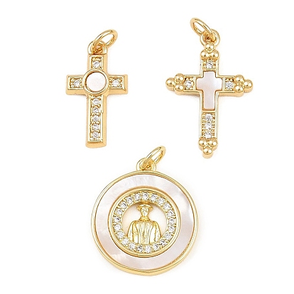 Brass Micro Pave Clear Cubic Zirconia Pendants, with Shell, Real 16K Gold Plated