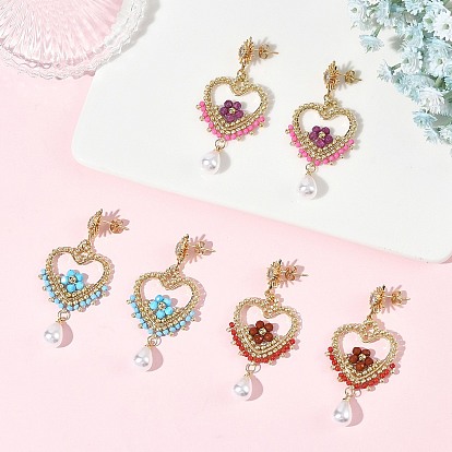 Gemstone & Glass Seed Dangle Earrings for Women, Heart, Brass Micro Clear Cubic Zirconia Sun Stud Earrings, Golden