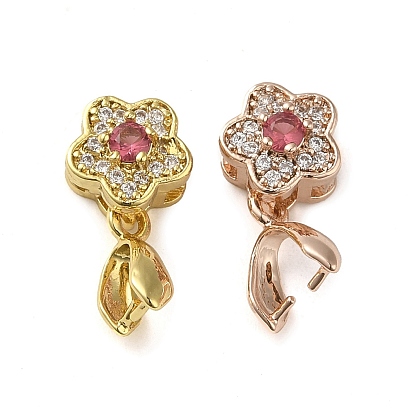 Rack Plating Brass Micro Pave Clear Cubic Zirconia Ice Pick Pinch Bails, Long-Lasting Plated, Lead Free & Cadmium Free, Flower