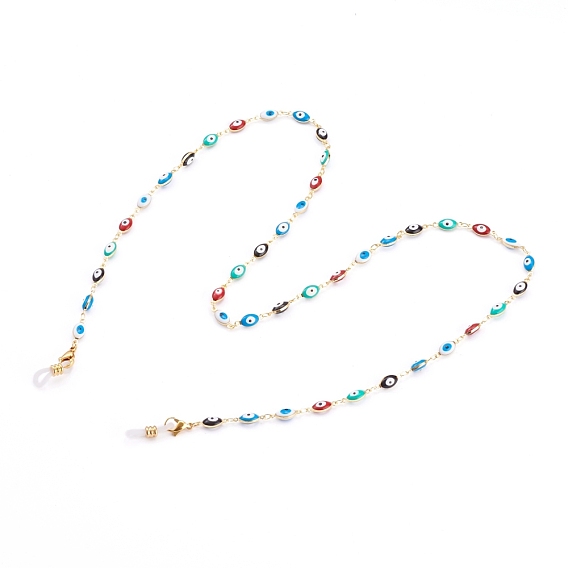 Eyeglasses Chains, Neck Strap for Eyeglasses, with Brass Enamel Evil Eye Link Chains, 304 Stainless Steel Lobster Claw Clasps and Rubber Loop Ends, Golden
