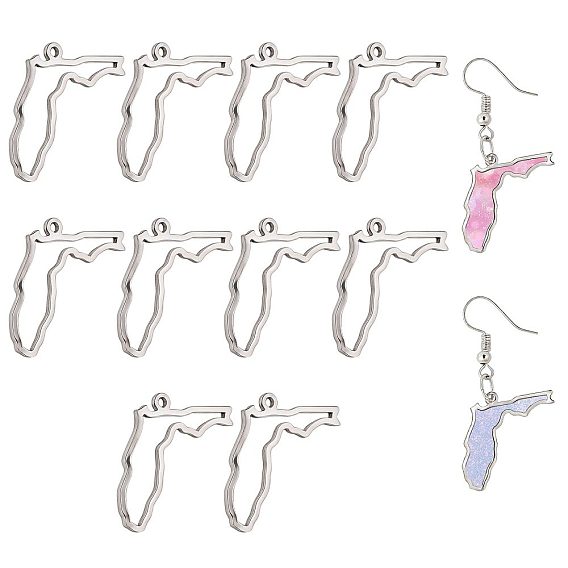 10Pcs Hollow 304 Stainless Steel Pendants, Map Charm