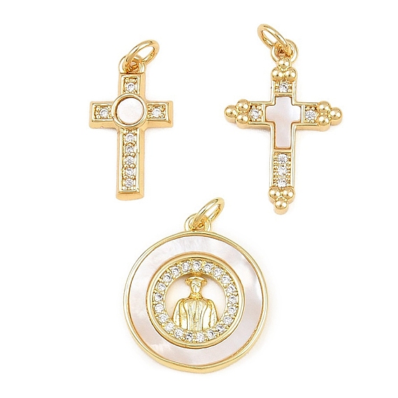 Brass Micro Pave Clear Cubic Zirconia Pendants, with Shell, Real 16K Gold Plated