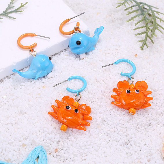 Alloy Lampwork Stud Dangle Earrings for Women, Dolphin, Half Hoop Earrings, Platinum