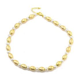 Brass Beaded Necklaces, with ABS Imitation Pearl Bead Necklaces, Cadmium Free & Lead Free, Long-Lasting Plated, Oval