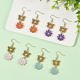 Alloy Enamel & Shell Pearl Dangle & Drop Earrings, Butterfly with Flower, 304 Stainless Steel Dangle Earrings for Women, Antique Golden