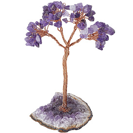 1Pc Natural Amethyst Chips Tree of Life Display Decorations, Gemstone Base with Copper Wire, Healing Stone Tree, for Reiki Healing Crystals Chakra Balancing