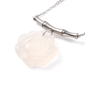 Bamboo with Lotus Natural Agate Pendant Necklace, 304 Stainless Steel Jewelry for Women
