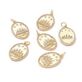 Pendentifs en laiton zircon cubique transparent, avec anneau de saut, plaqué longue durée, sans plomb et sans cadmium et sans nickel, ovale avec mot reine et couronne