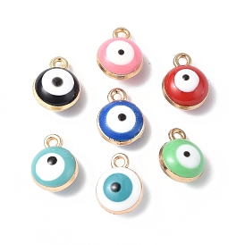 Alloy Enamel Charms, Golden, Flat Round with Evil Eye Charm