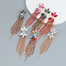 Boho Chic Tassel Earrings with Floral Design and Sparkling Gems